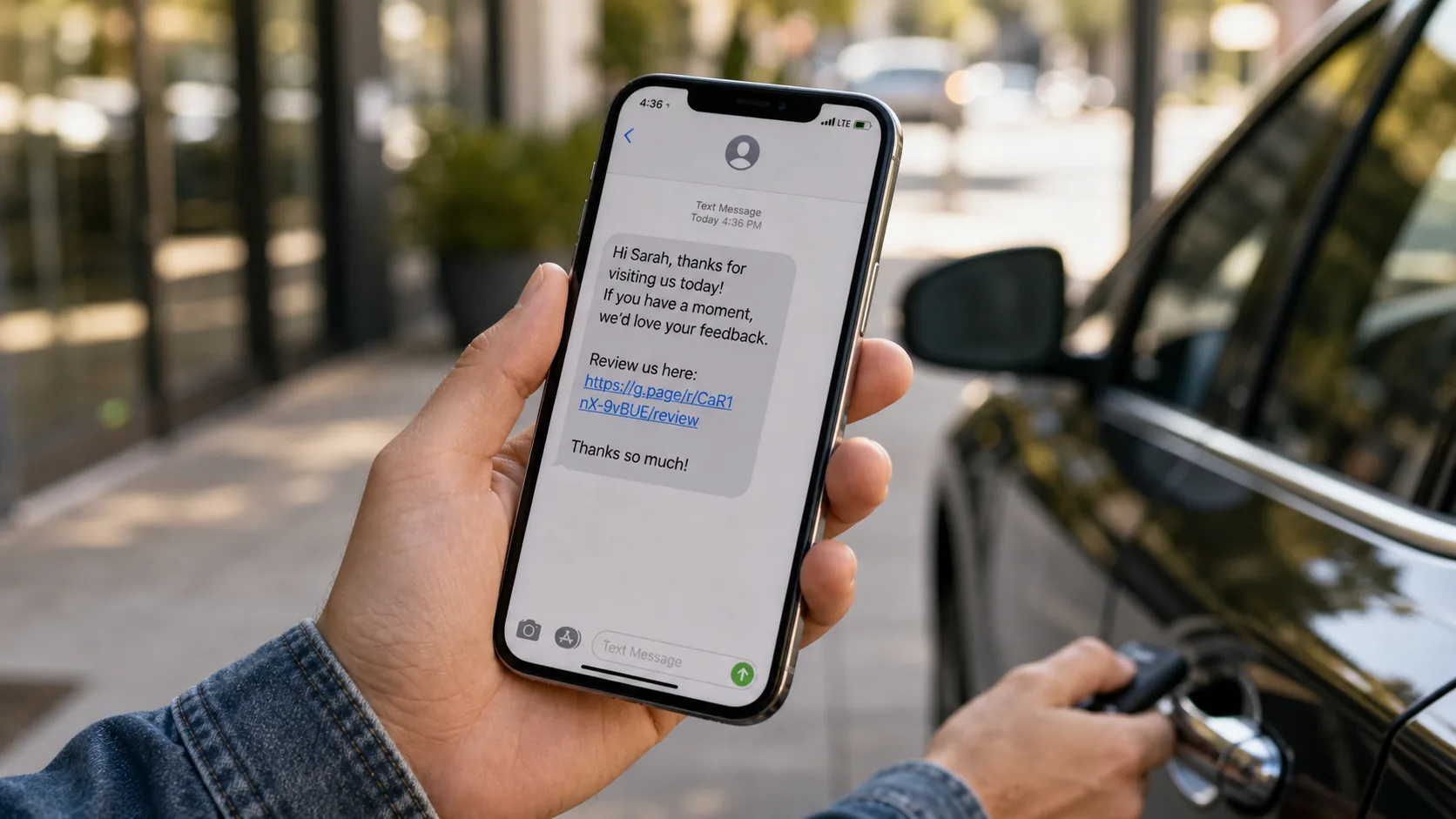Phone lock screen showing an incoming review request SMS notification minutes after a salon visit