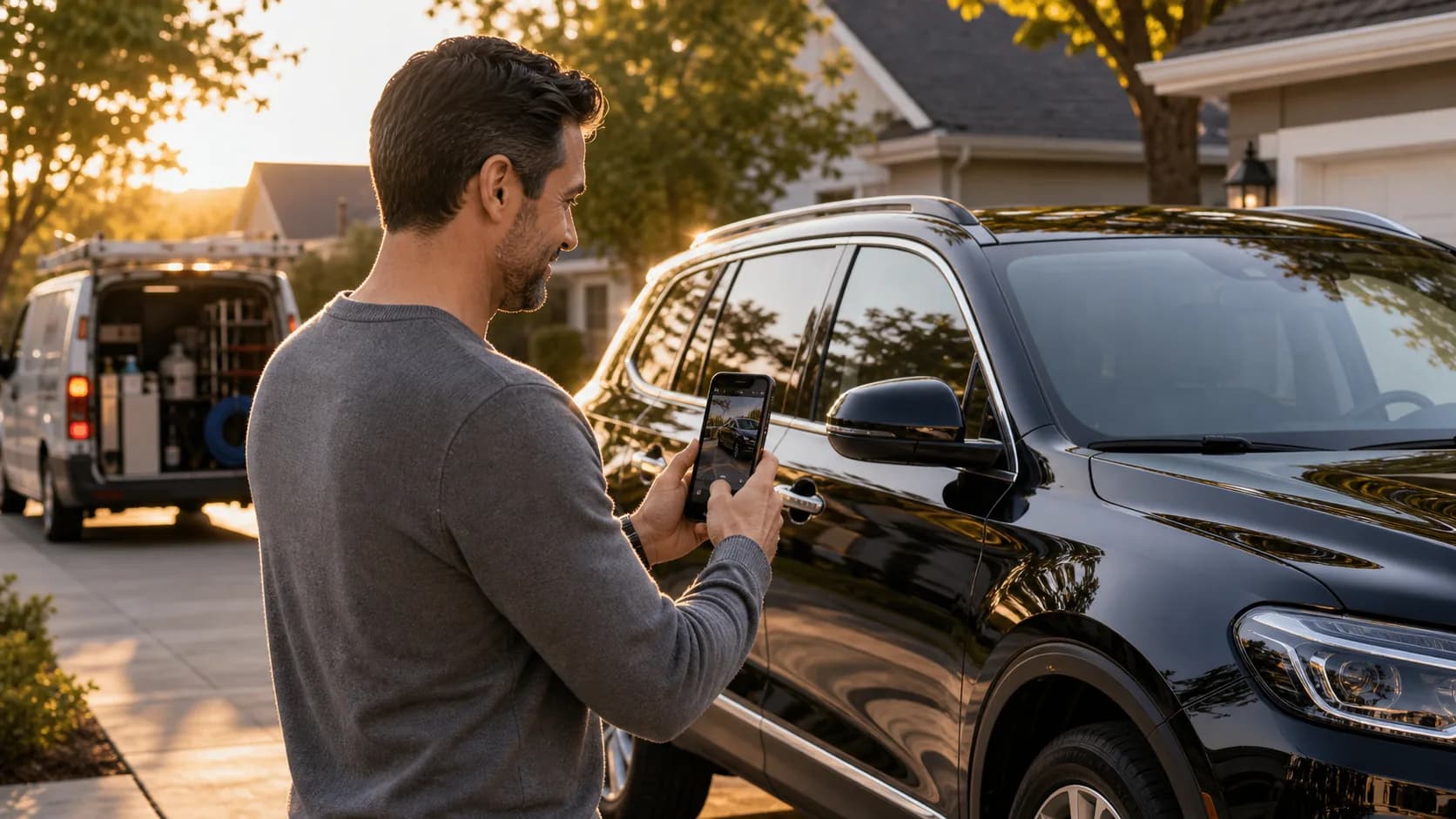 Customer standing in his driveway taking a photo of a freshly detailed SUV with his phone, detailer truck pulling away in the background