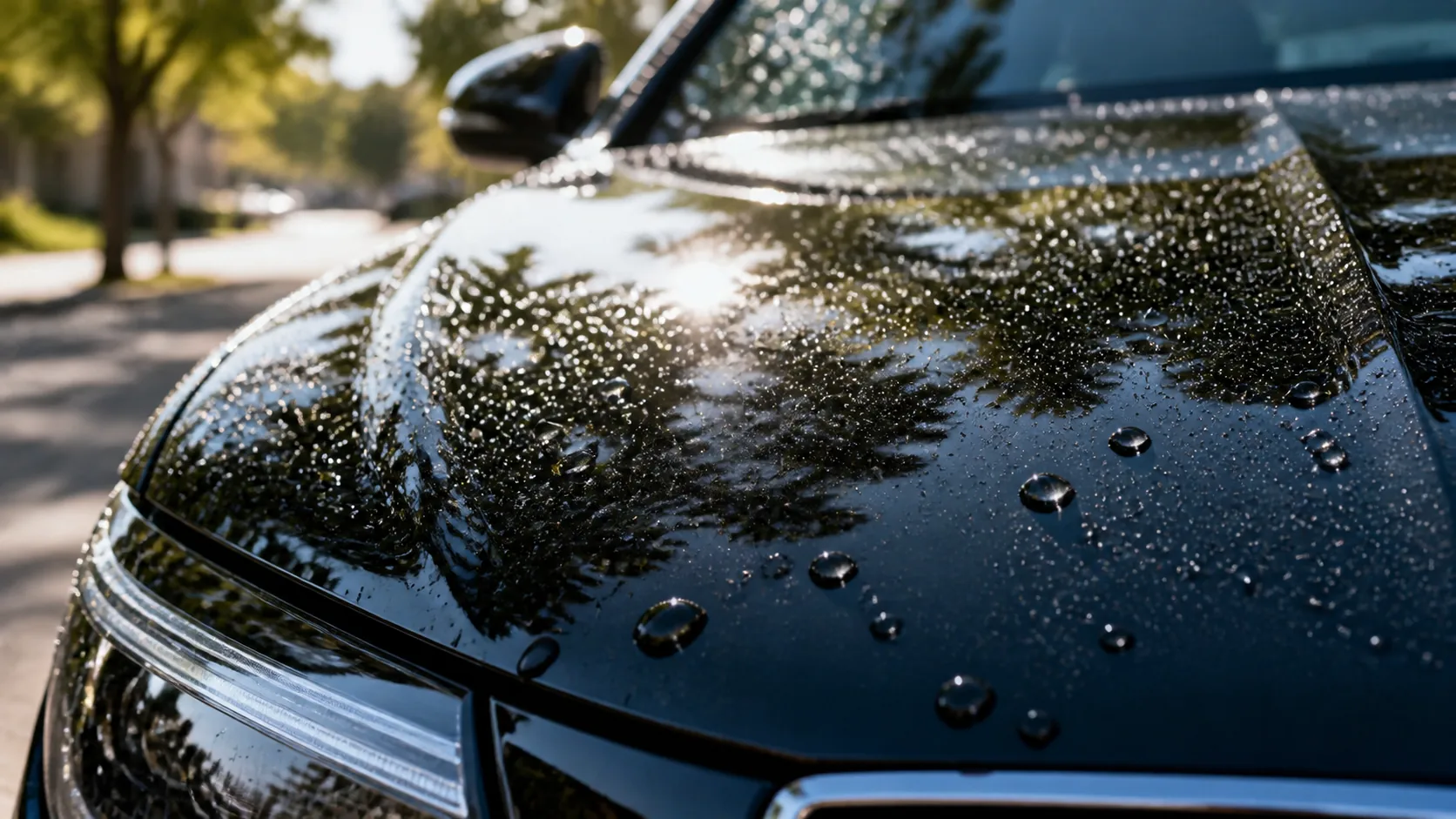 Close-up of water beading on a ceramic-coated black hood in bright sunlight