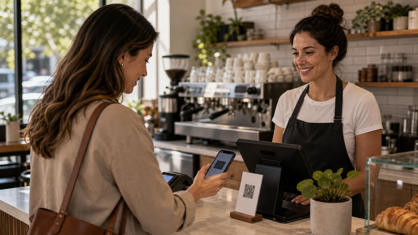 Small clean QR card sitting next to a register at a coffee shop counter, customer's phone camera pointed at it