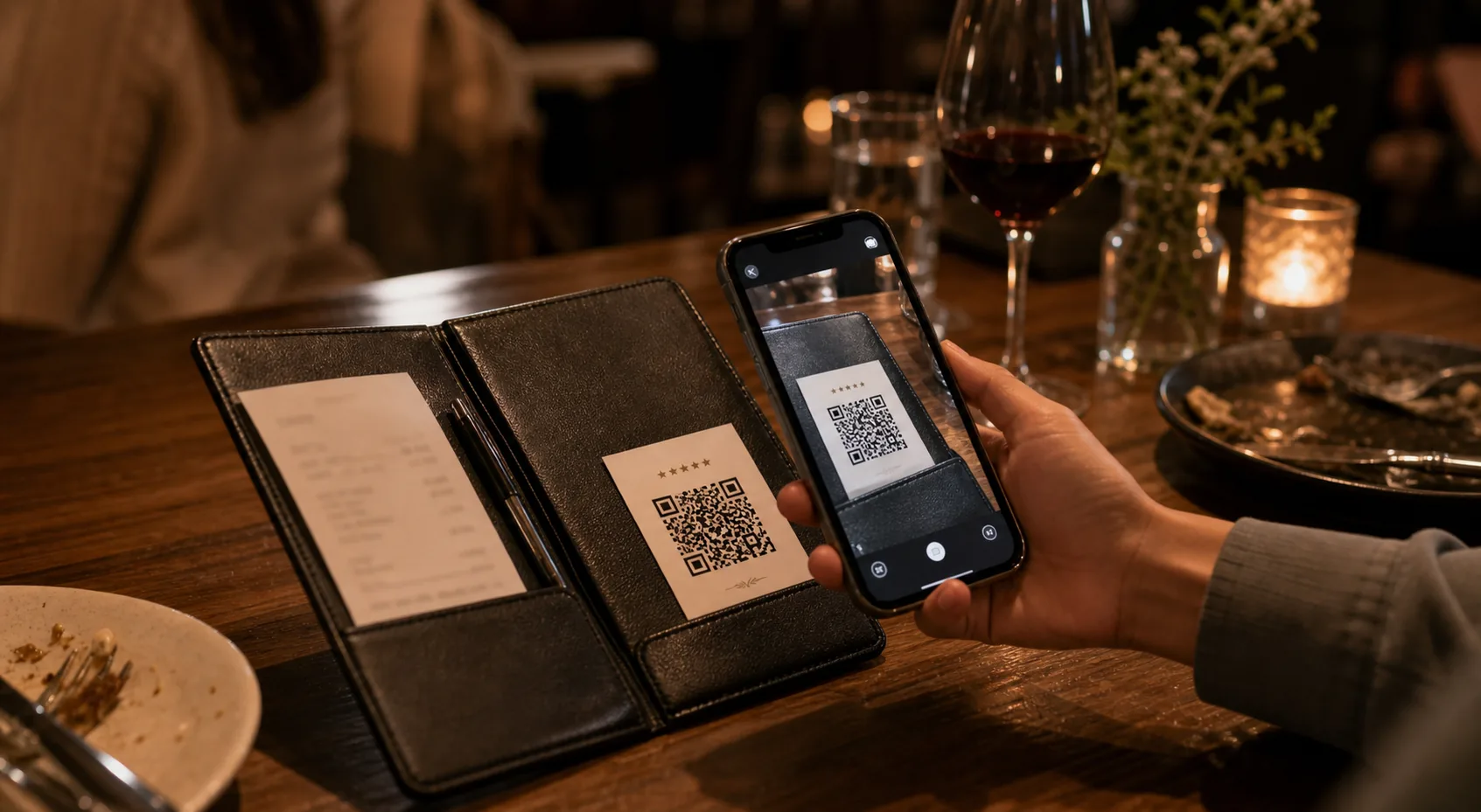 Open black bill-fold on a restaurant table showing a single clean QR card on the inside flap with a customer's phone hovering above it