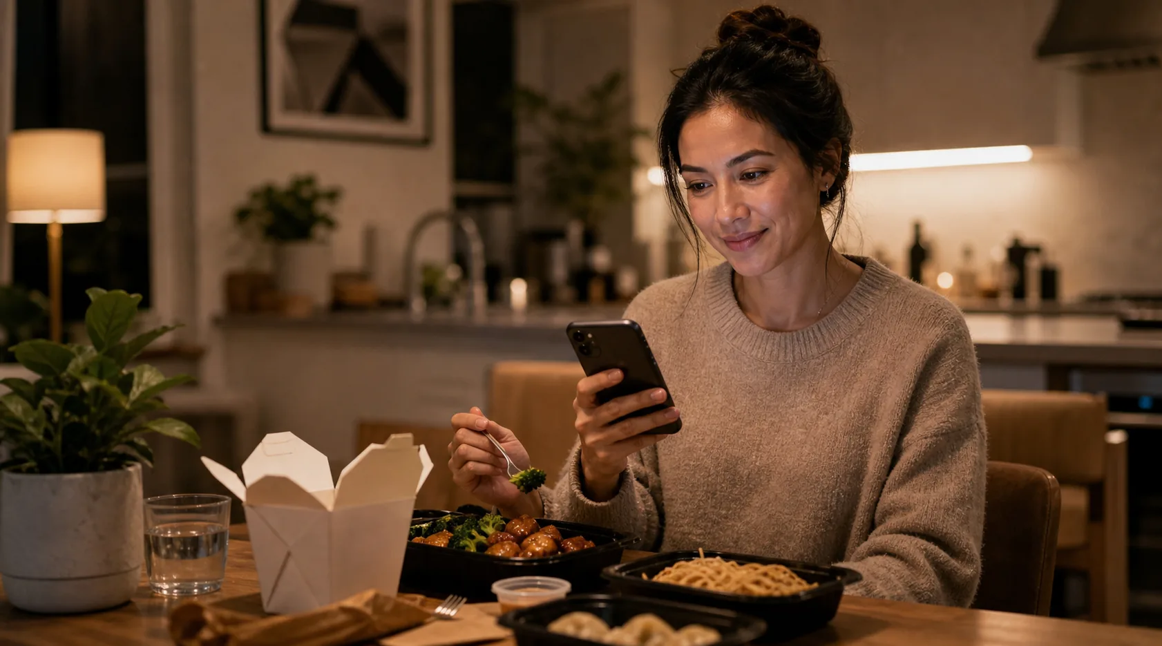 Family at a kitchen table opening takeout containers with one parent reading an SMS from the restaurant