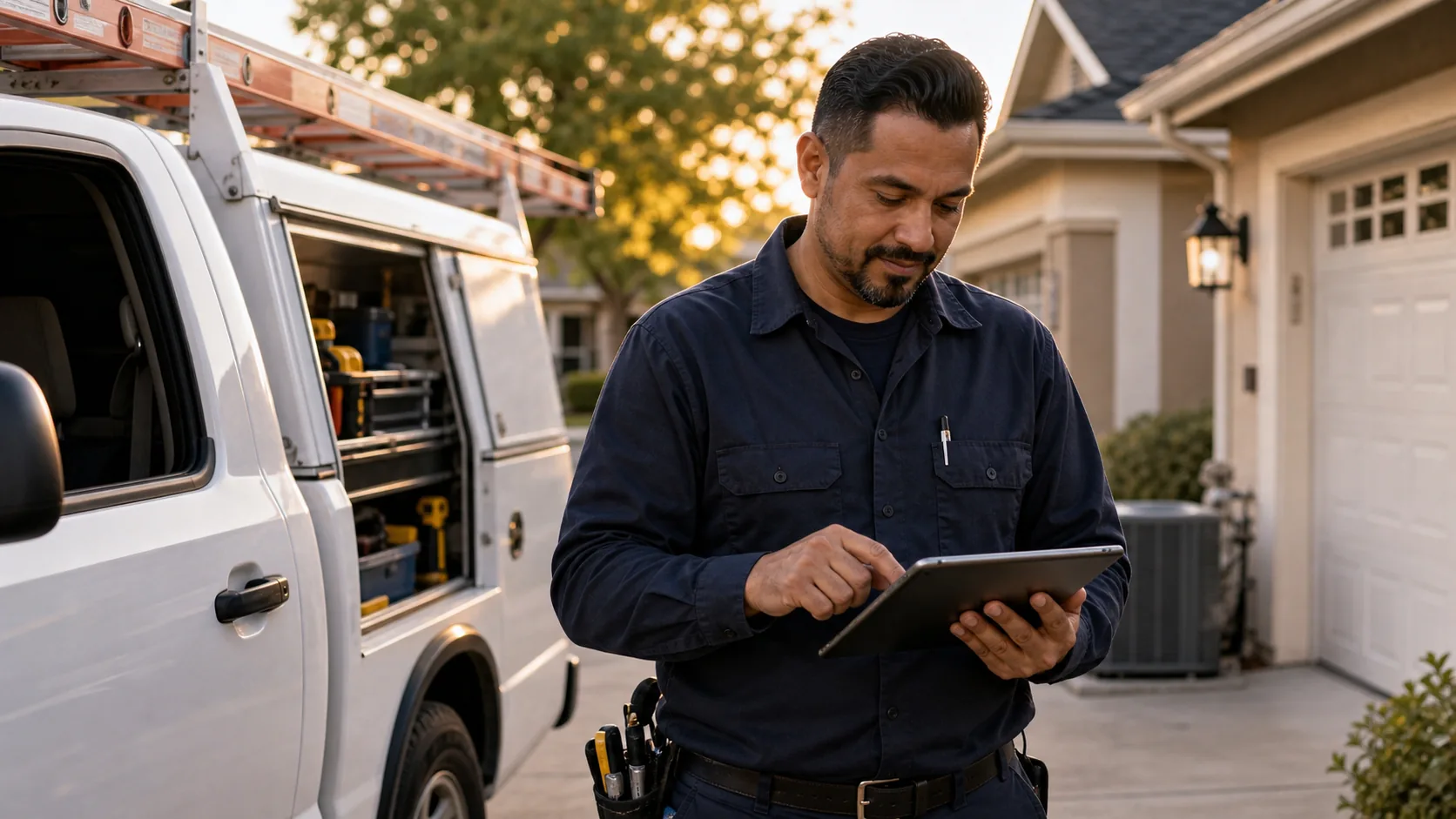 HVAC technician closing out a job on a tablet while the dispatch system shows a queued review request SMS for the customer