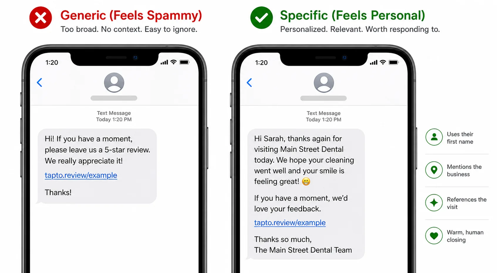 Phone lock screen showing two side by side SMS previews, one generic and one personalized with a first name and service reference