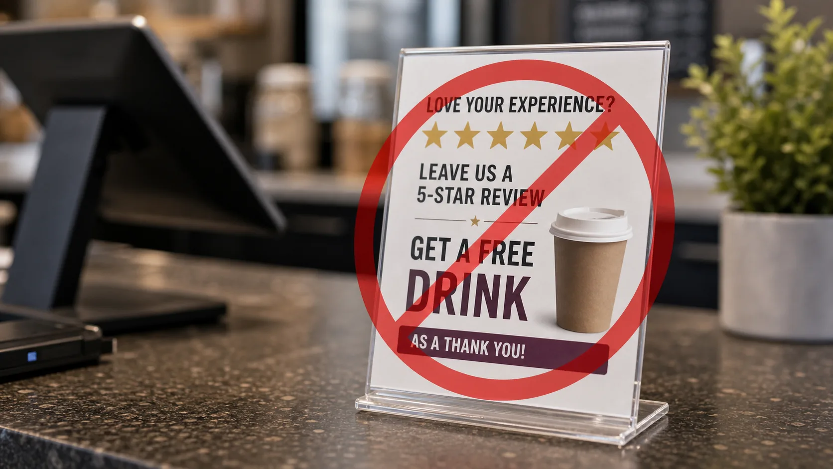 Counter sign at a coffee shop offering a free drink for a 5-star Google review, with a red X overlay marking it as a policy violation
