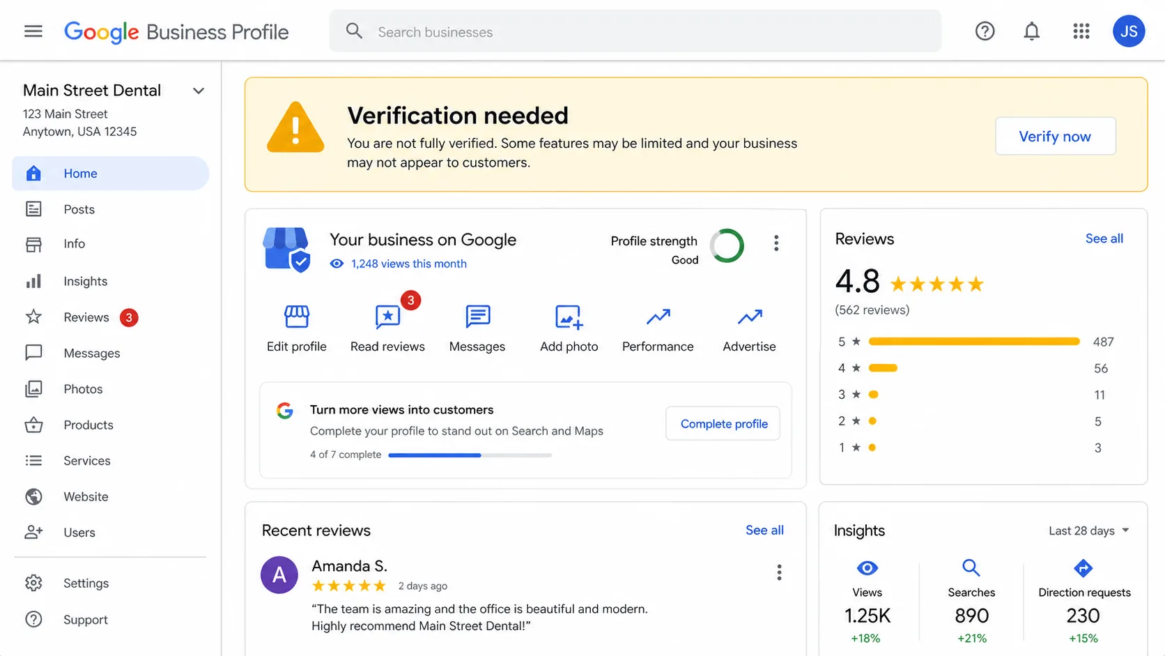 Google Business Profile dashboard showing a verification-needed banner at the top with the verify now button