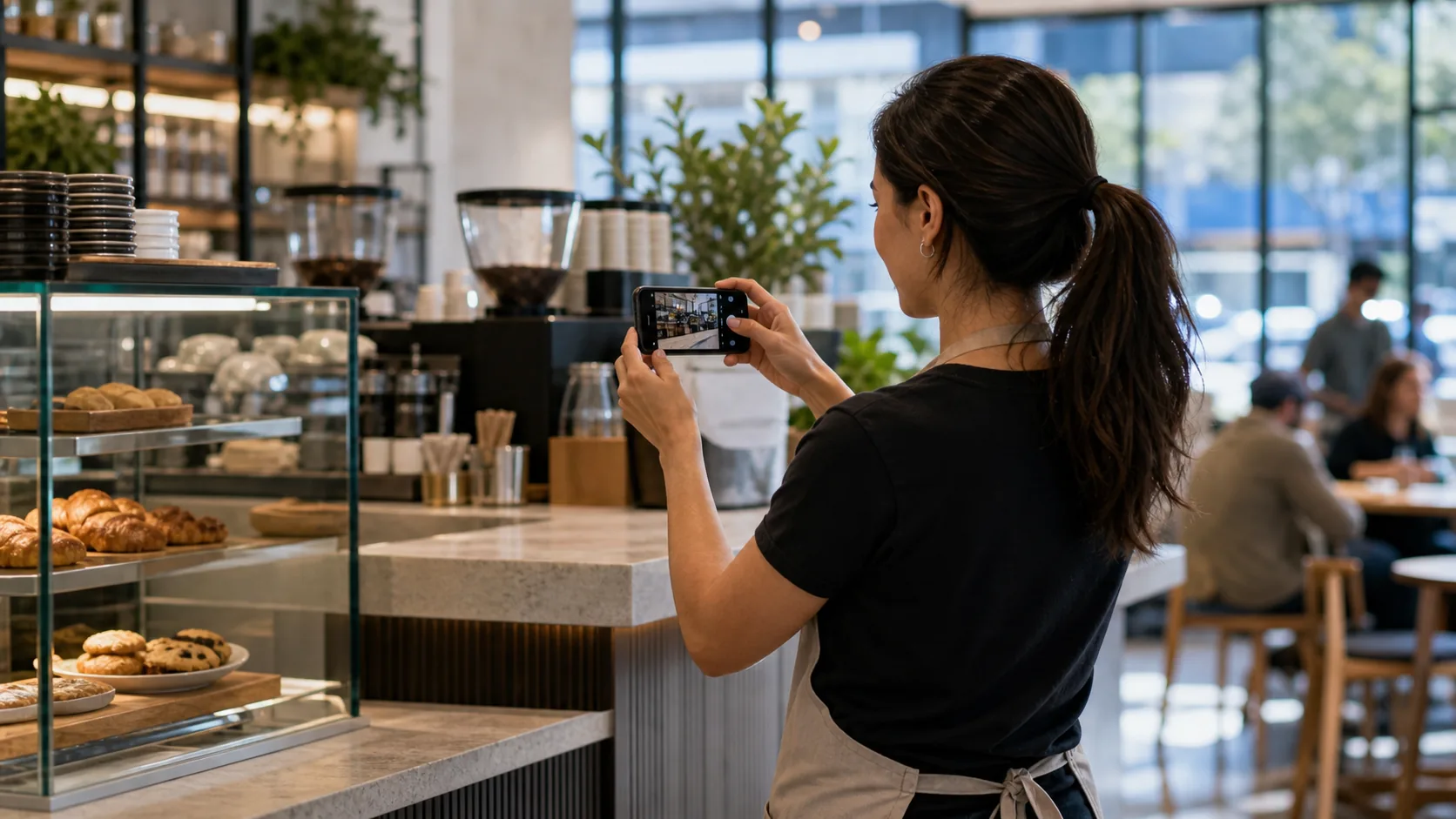 Salon manager taking a phone photo of a fresh haircut at the styling station, with the customer agreeing in the background