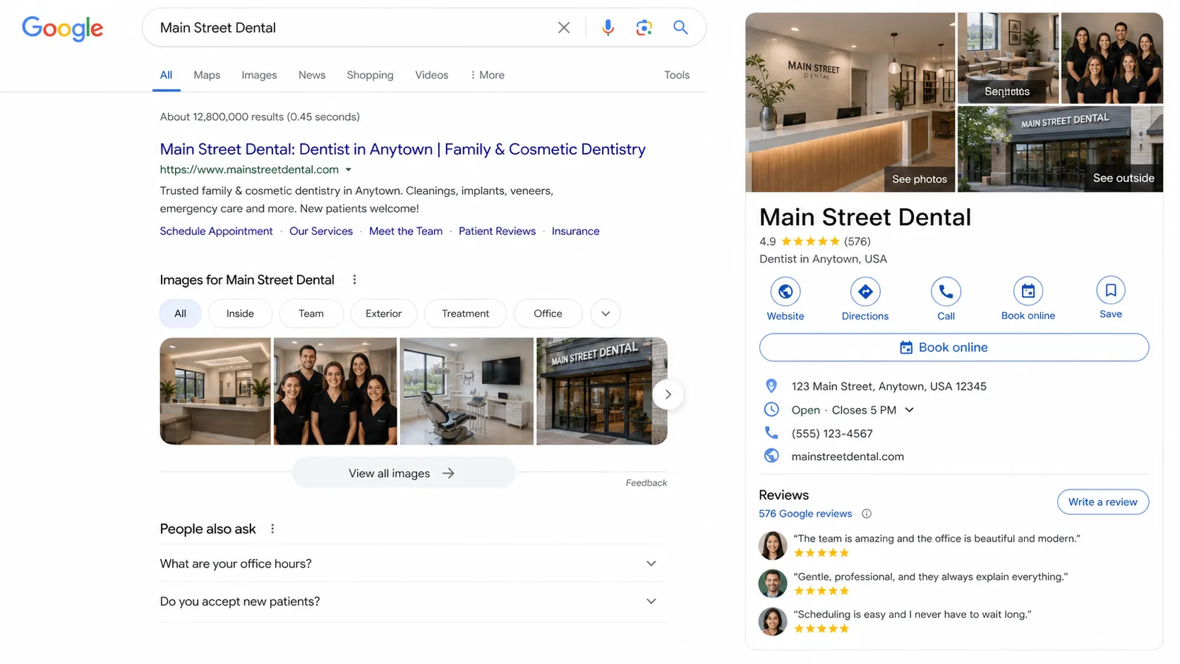 Google search knowledge panel for a local business showing recent photos, reviews, hours, and the Book button