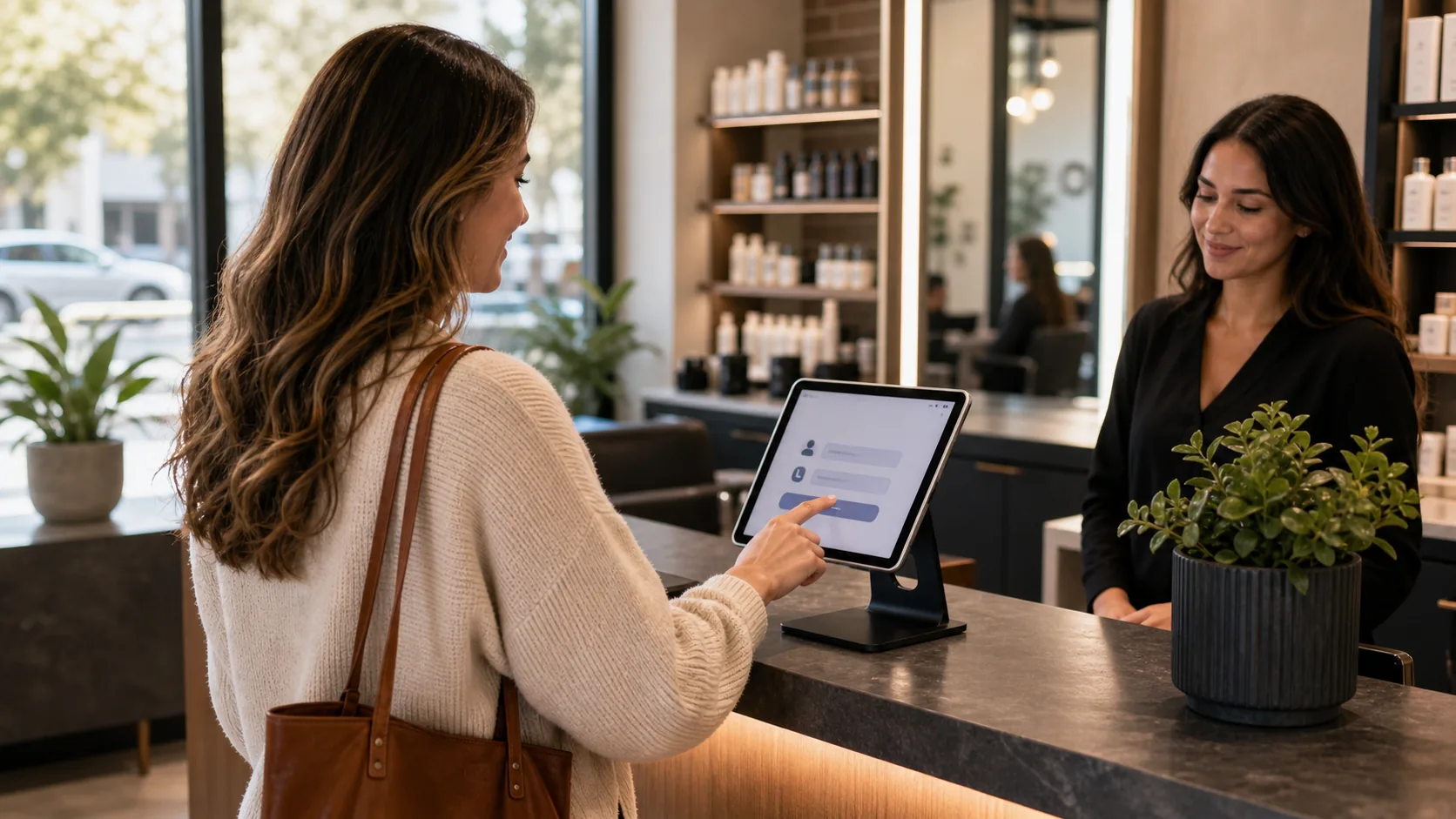 Stylist at a salon front desk handing a tablet to a client to capture her name and phone number at check-in