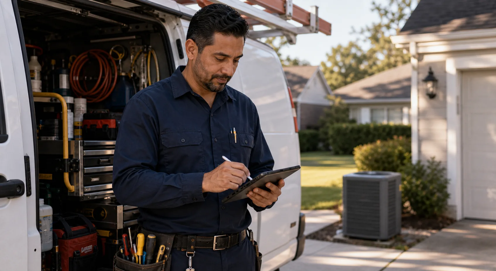 HVAC technician closing a service ticket on his phone while standing next to his truck in a customer's driveway