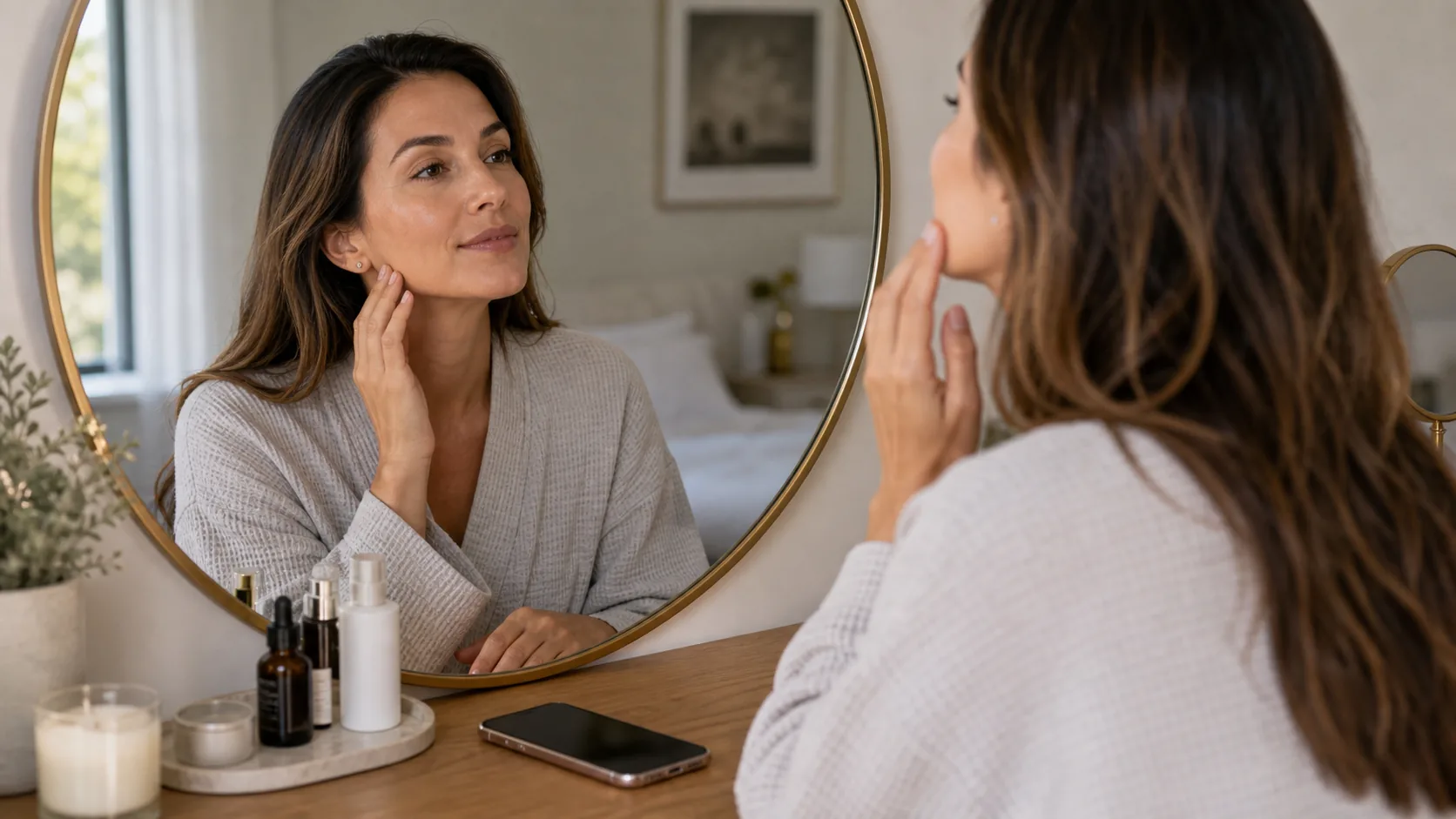 Patient looking in a bathroom mirror three days after a filler appointment, swelling resolved, phone in hand