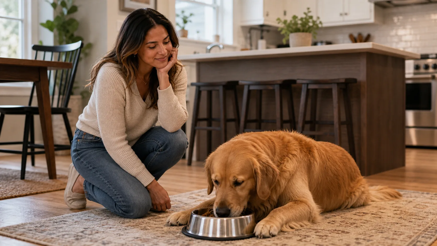 Golden retriever eating from a bowl at home the morning after a vet visit, owner watching from the kitchen counter