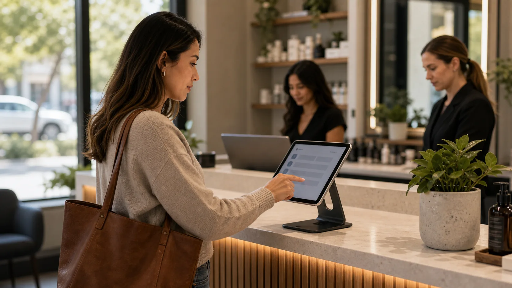 Front-desk staff member at a salon handing an iPad to a client to capture their name and phone number