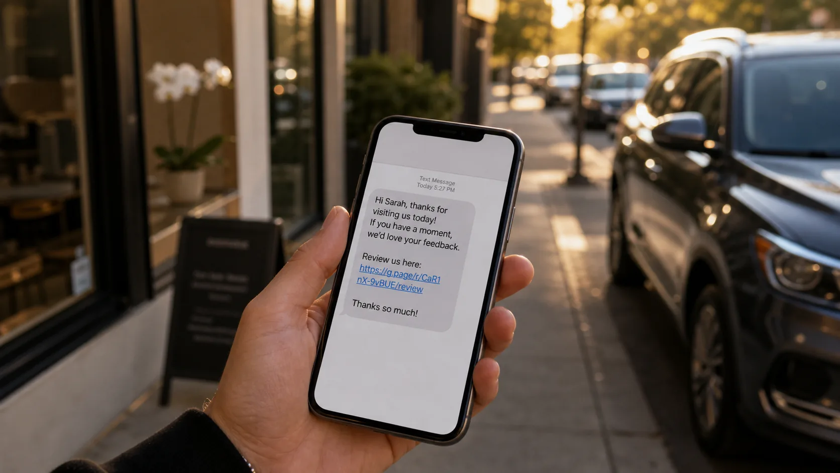 Phone screen showing a short two-line review request SMS with the Google review link as the only tappable element