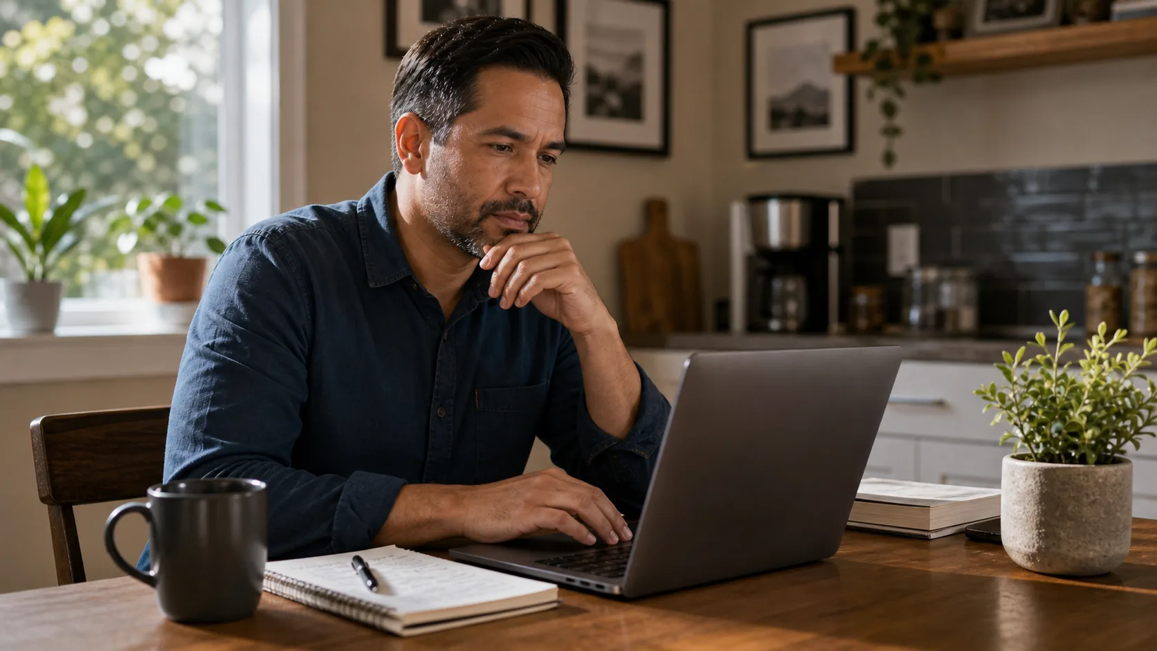 Local business owner at a kitchen table drafting a calm response to a 1-star review on a laptop the morning after