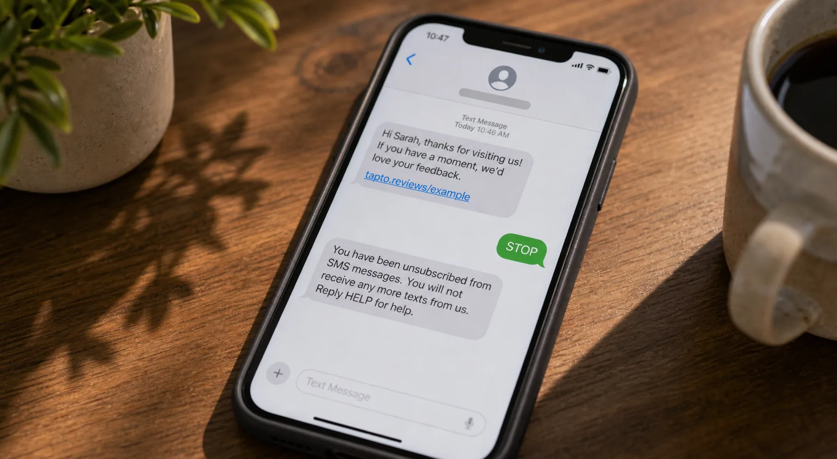 Phone screen showing a customer reply of STOP and the automatic carrier confirmation that they have been unsubscribed