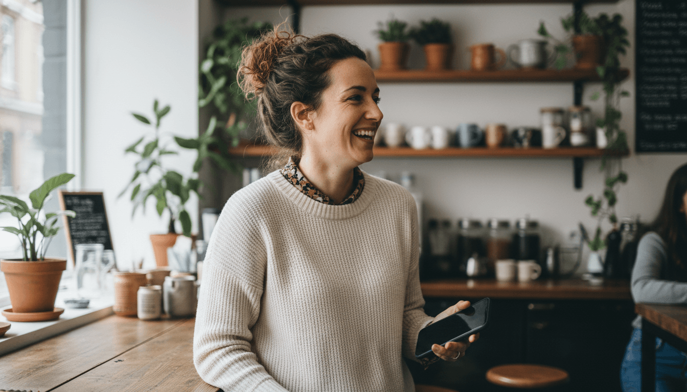 Small business owner laughing warmly inside her cozy local shop